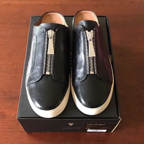 frye leather zip mules